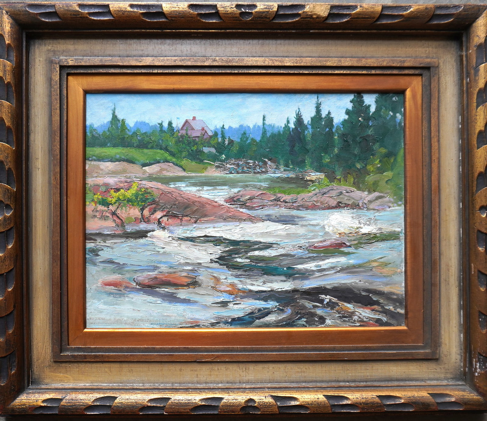 O/C Landscape depicting meandering white water stream at edge of forest with house in background, (1 of 6)