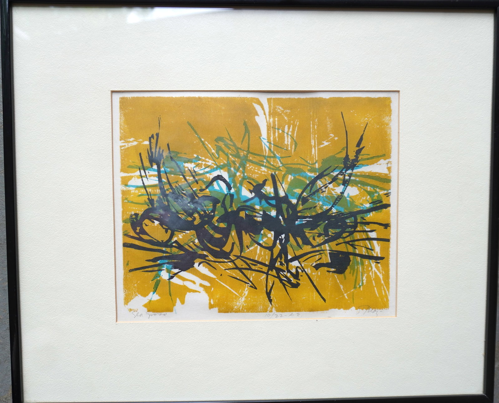 Seong Moy, Chinese-American 1921-2013. Abstract woodblock print titled in pencil "Sea Grass" limited: Seong Moy, Chinese-American 1921-2013. Abstract woodblock print titled in pencil "Sea Grass" limited edition "10/22 A.E." - also signed in pencil by artist "S. Moy" - very good condition. Total frame 
