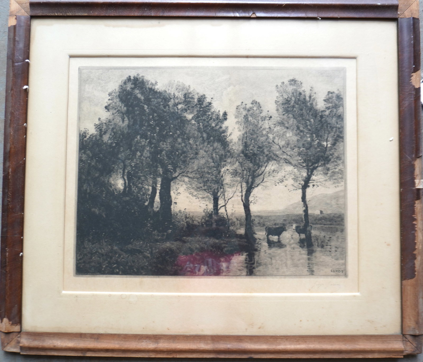 Georges Garen (French, 1854-1913). Etching of cows in stream after Camille Corot, probably late mid (1 of 4)
