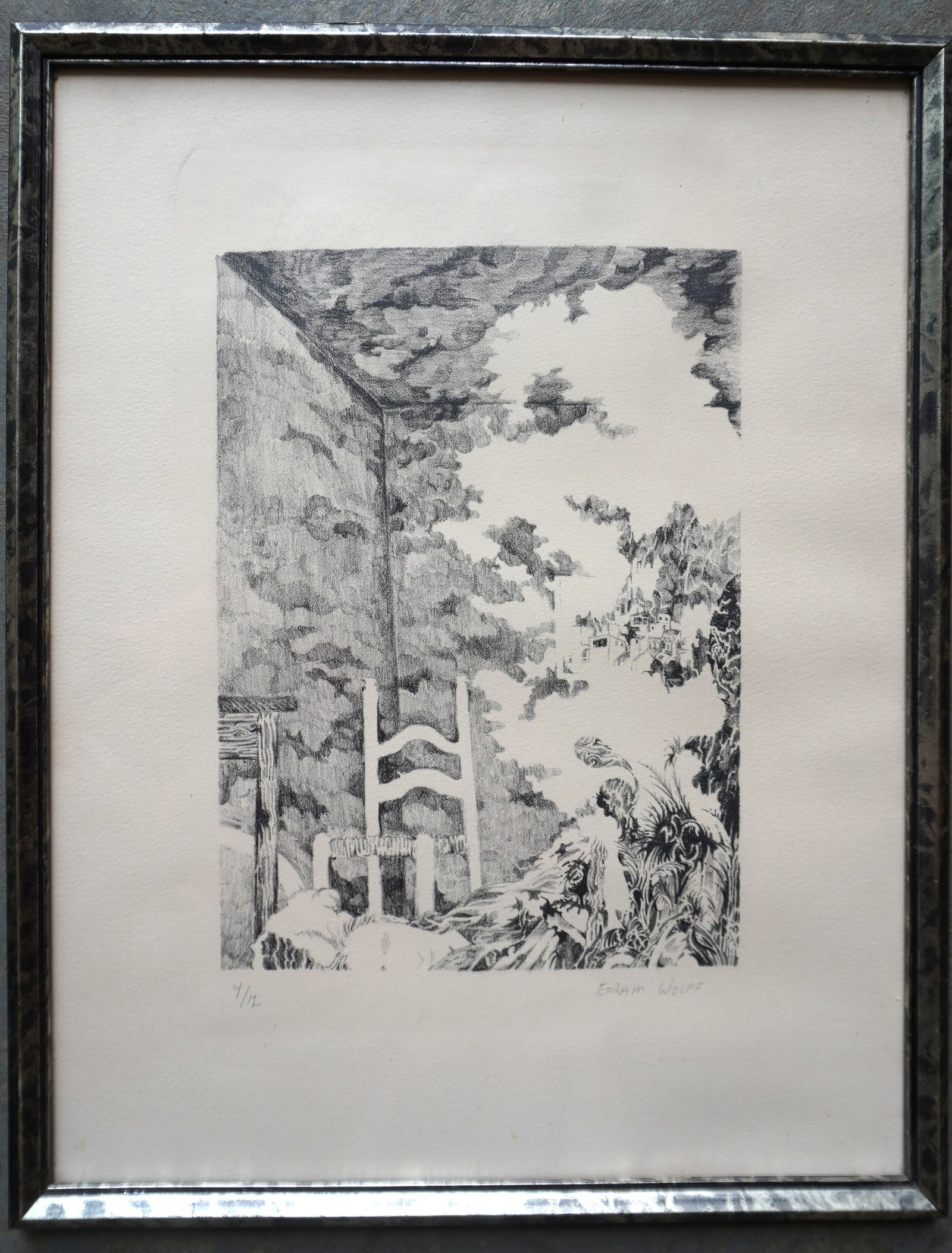 Efram Wolfe, California, b. 1950. Etching, modernism, home interior exposing exterior landscape, (1 of 3)