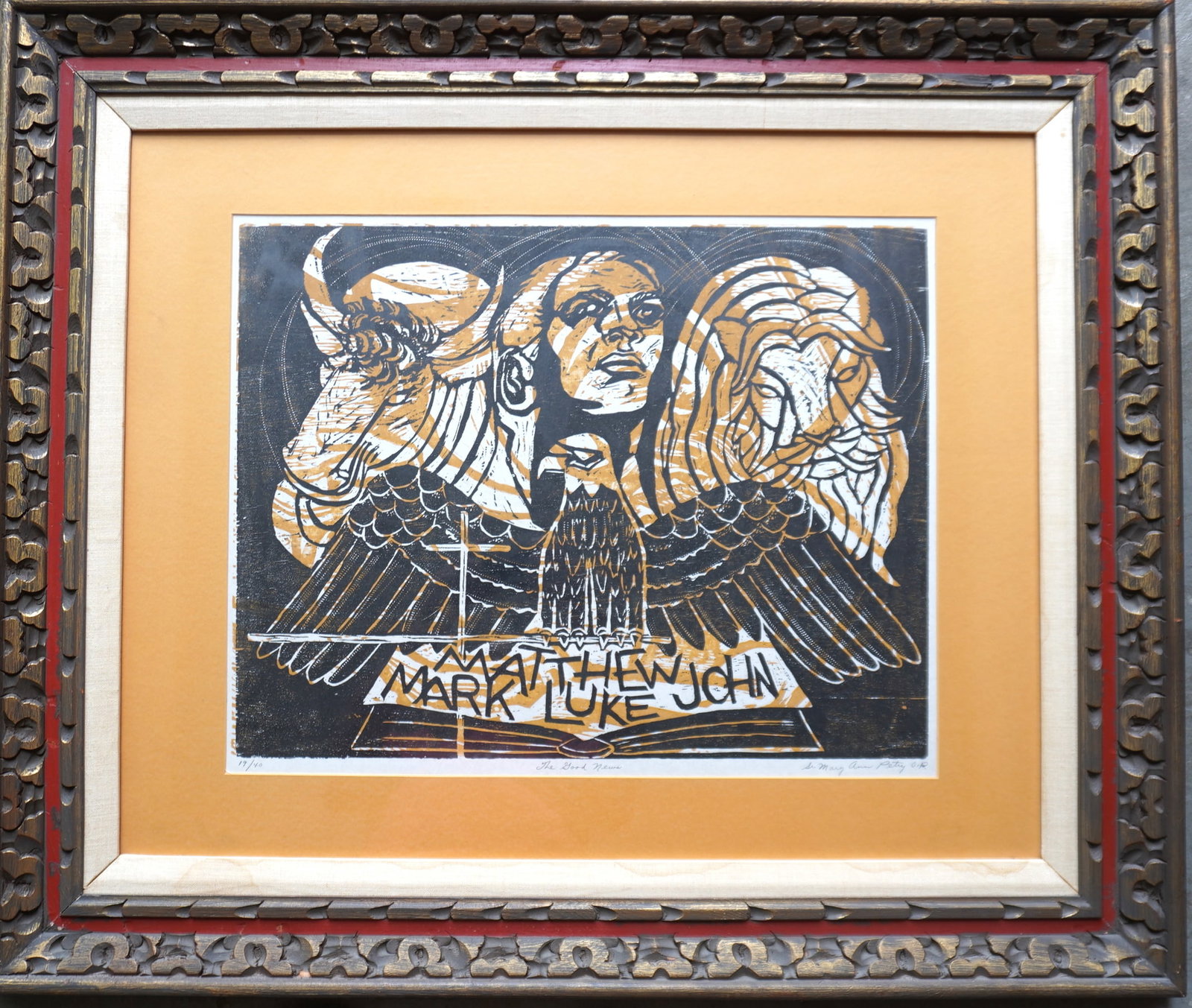 Sister Mary Ann Petry (African American, Dominican Order), Long Island NY, 1924-2018. Large: Sister Mary Ann Petry (African American, Dominican Order), Long Island NY, 1924-2018. Large woodblock print titled and signed in pencil in limited edition "The Good News / Sr. Mary Ann Petry D.O." - l