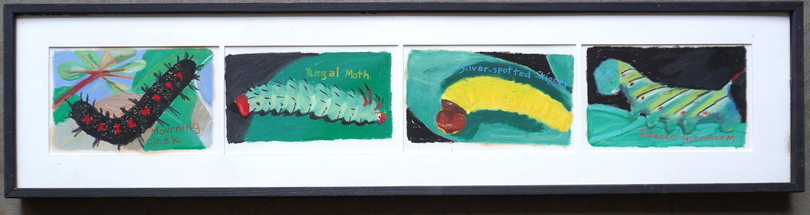 Four colorful acrylic paintings of caterpillers, housed within a single matted frame, late 20th (1 of 4)