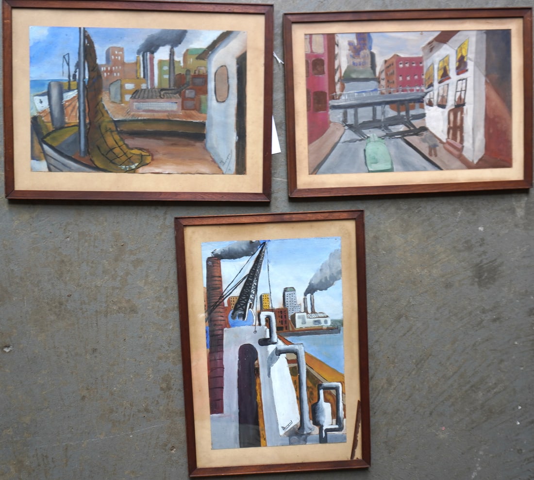 Three gouaches Industrial and cityscapes, early to mid 20th century - all framed and in good (1 of 8)