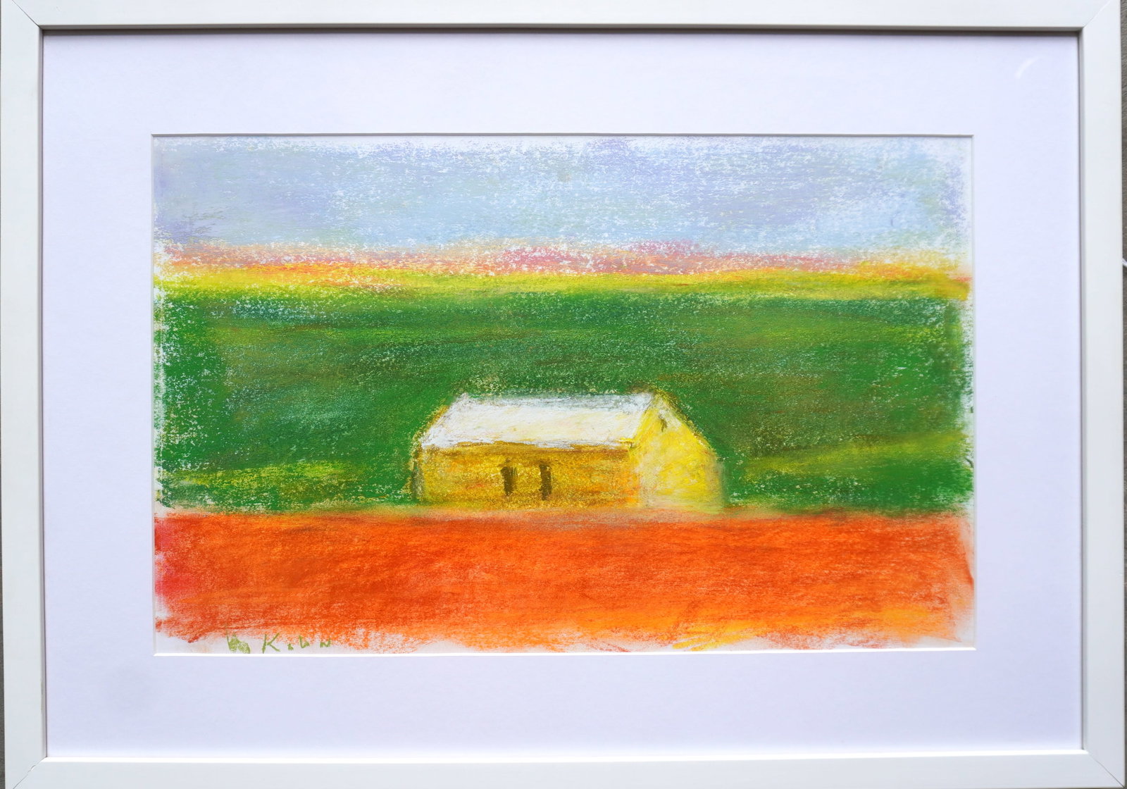 Wolf Kahn, 1927-2020, NY and VT. Pastel landscape with yellow barn, orange field and colorful hills (1 of 6)