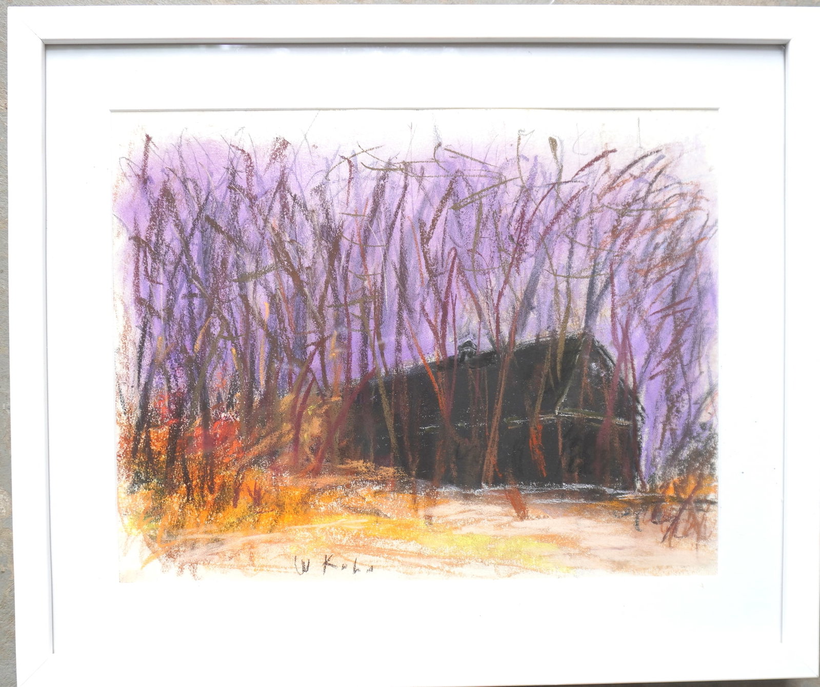 Wolf Kahn, 1927-2020, NY and VT. Pastel landscape with brown barn in back of tree screen, signed W. (1 of 5)