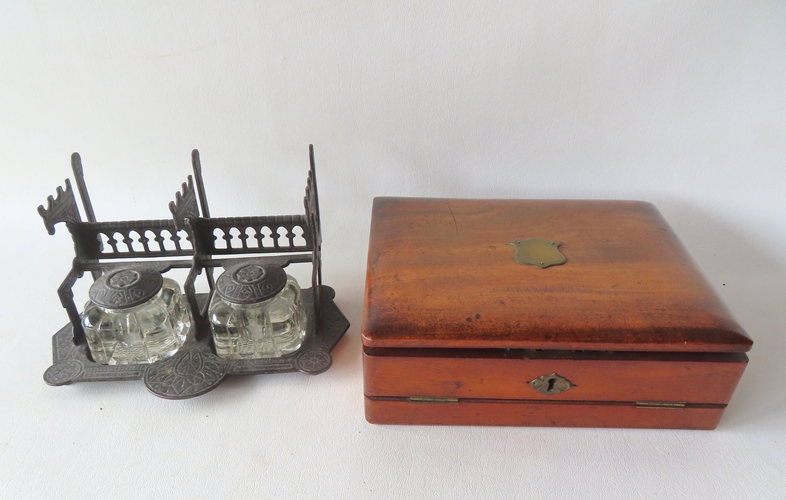Two 19th century writing related collectibles including: A mahogany writing box with unmarked brass (1 of 7)