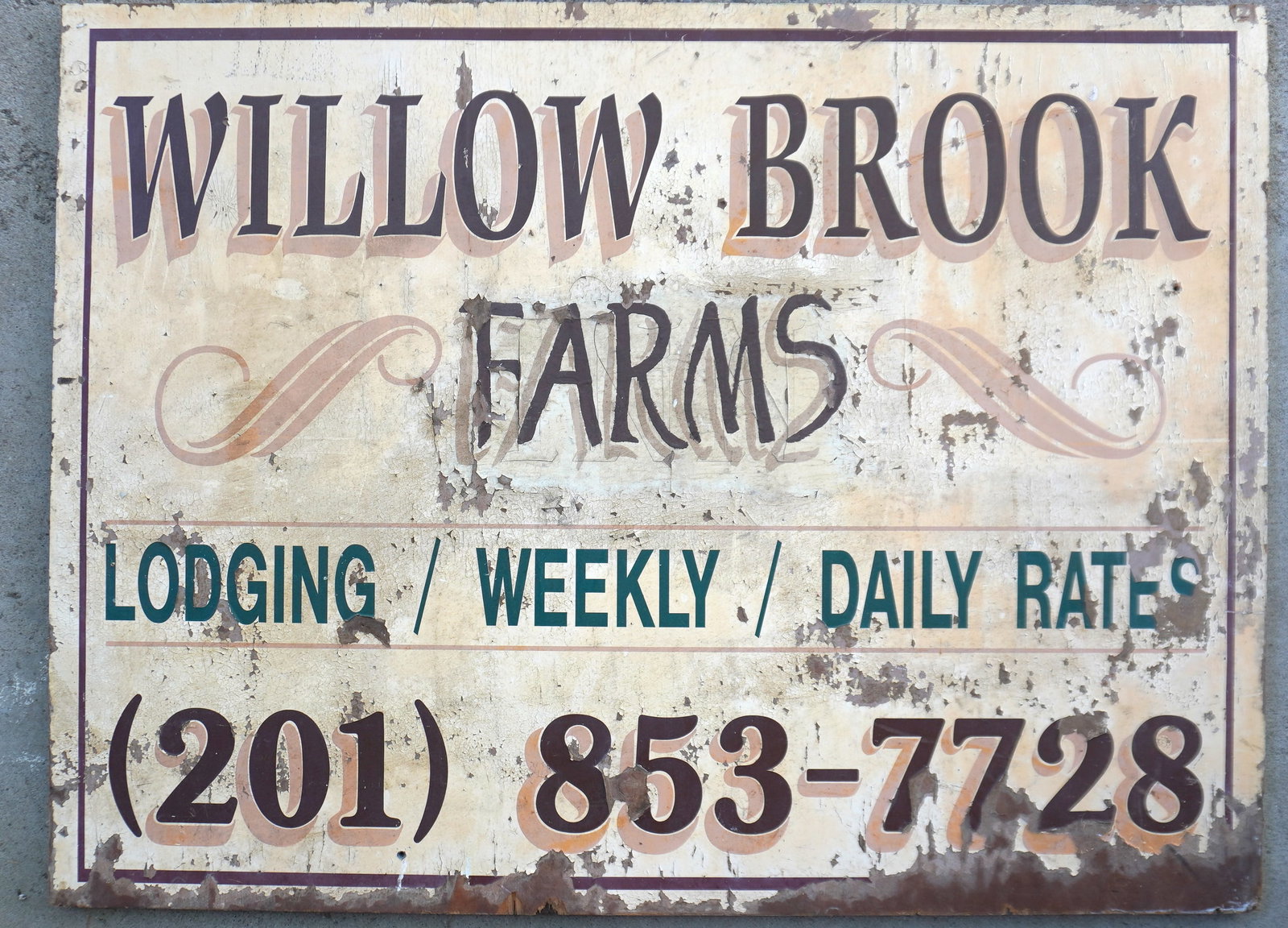 An old double sided wood sign marked "WILLOW BROOK FARMS", probably mid to late 20th century. Paint (1 of 3)