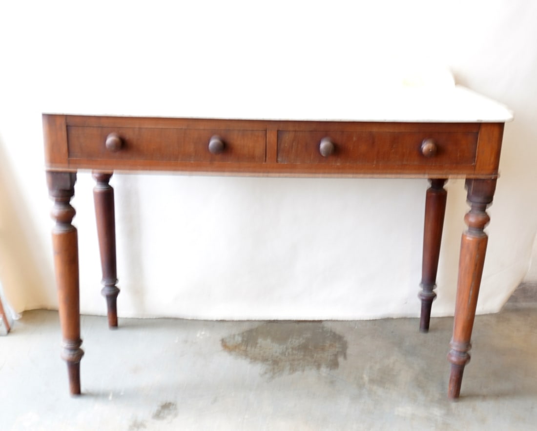 A late Sheraton walnut marble top server with 2 very fine dovetailed drawers mounted on tapered (1 of 11)