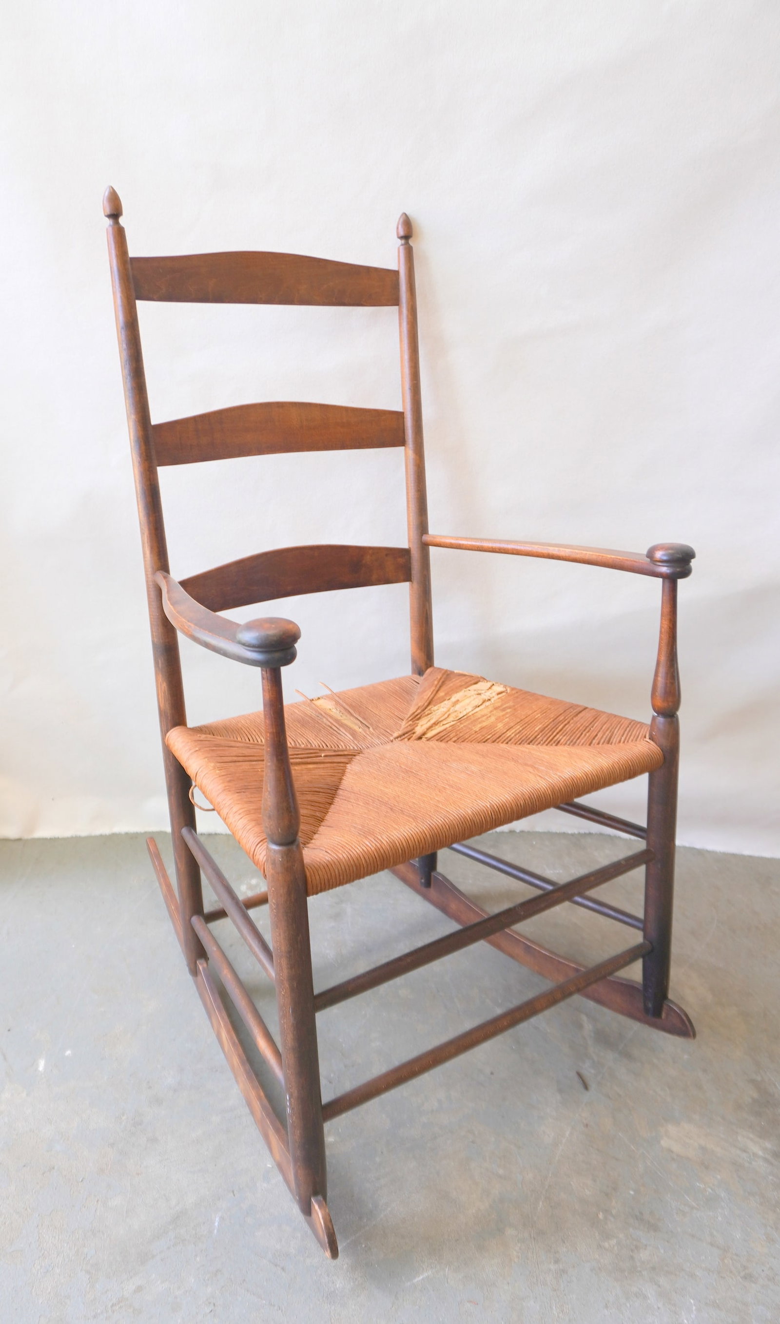 A birch Shaker rocker with arms having mushroom caps, and impressed number "5" on top splat, traces (1 of 4)