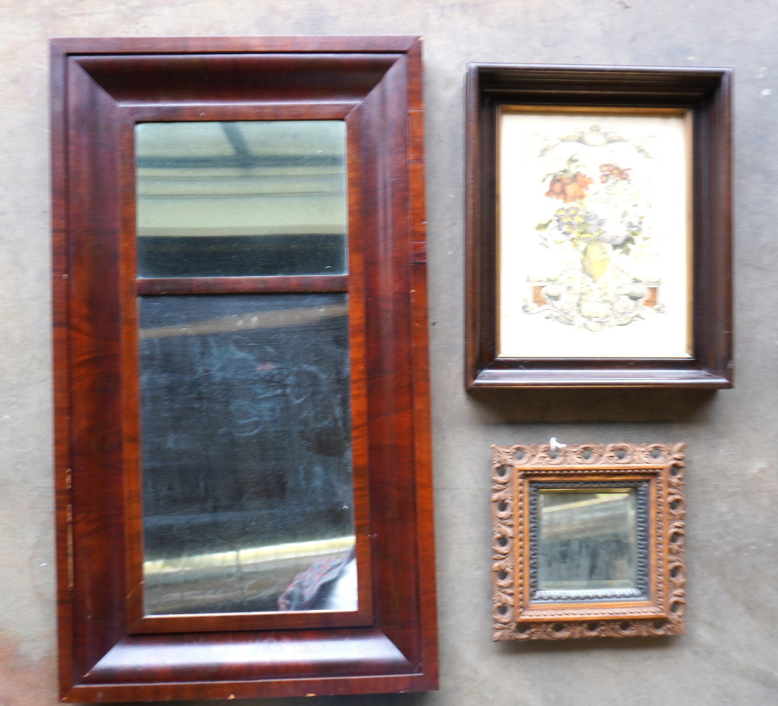 Two early mirrors and a very fine Victorian black walnut frame. Includes a very clean double panel (1 of 10)