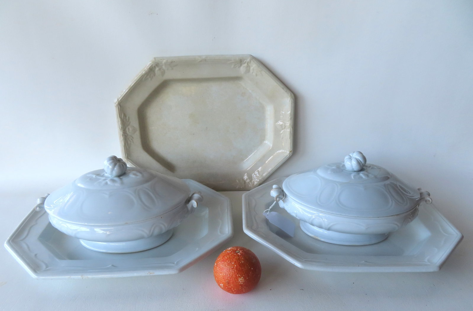 Grouping of 5 pieces of white ironstone china including: 3 octagonal shaped platters, 2 matching: Grouping of 5 pieces of white ironstone china including: 3 octagonal shaped platters, 2 matching with faint maker's and registry mark on base, signed Boote (Staffordshire, active mid 19th century) - b