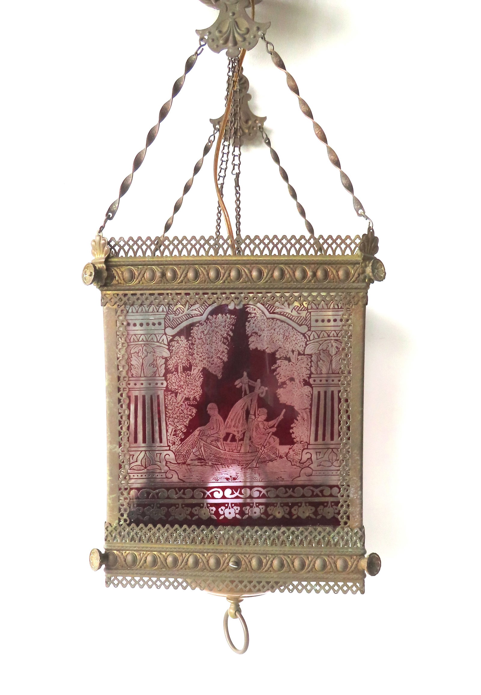 A Victorian hall light with 4 etched cranberry-cut-to-clear glass panels attached to ornate brass (1 of 10)