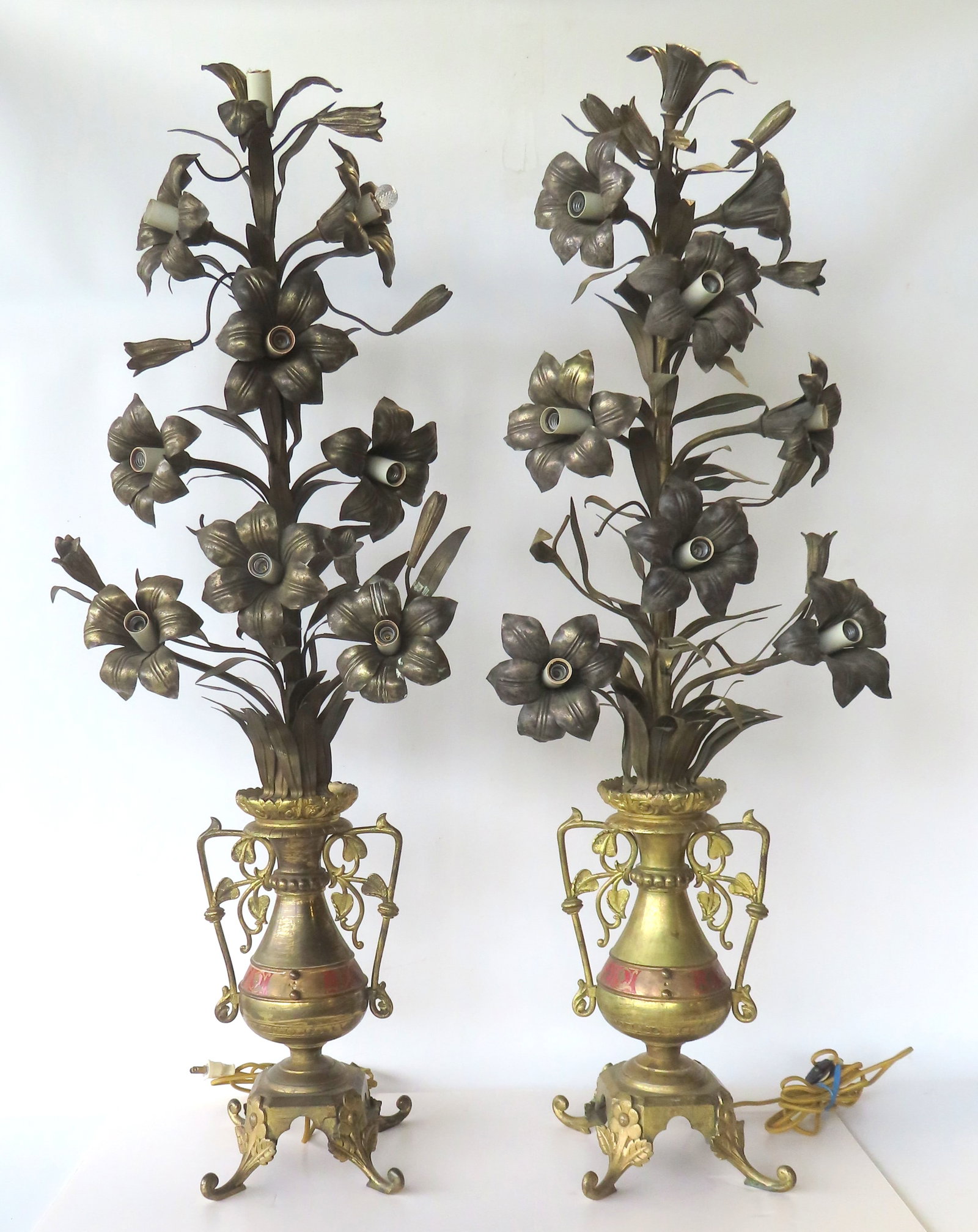 A pair of ornate gilded French bronze candleabras, depicting a large gilded plant with 9 blooming (1 of 20)