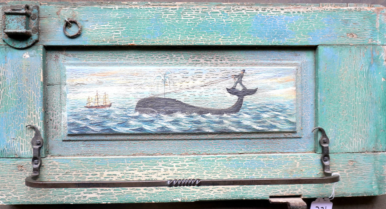 A primitive make-do towel rack having a 20th century whimsical folk art painting of a Cape Cod (1 of 3)