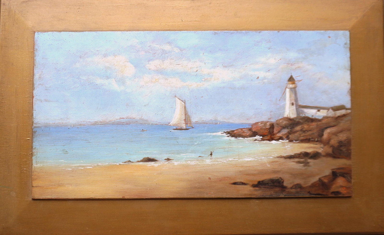 Presentation O/B Seascape with billowing clouds, lighthouse on rockledge, sailboats in ocean, and: Presentation O/B Seascape with billowing clouds, lighthouse on rockledge, sailboats in ocean, and fisherman on shoreline and other figures far right in water - signed in pencil script on reverse "Hatt