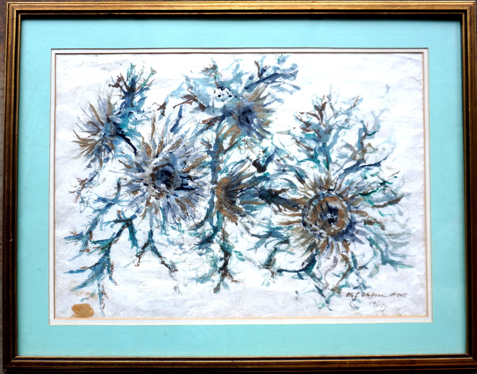Olaf Oloffson, American watercolorist, 20th century. W/C of flowers signed Olaf Oloffson AWS, and: Olaf Oloffson, American watercolorist, 20th century. W/C of flowers signed Olaf Oloffson AWS, and dated 10/1/67. Small brown stain bottom left corner, else very good original condition. Total frame si