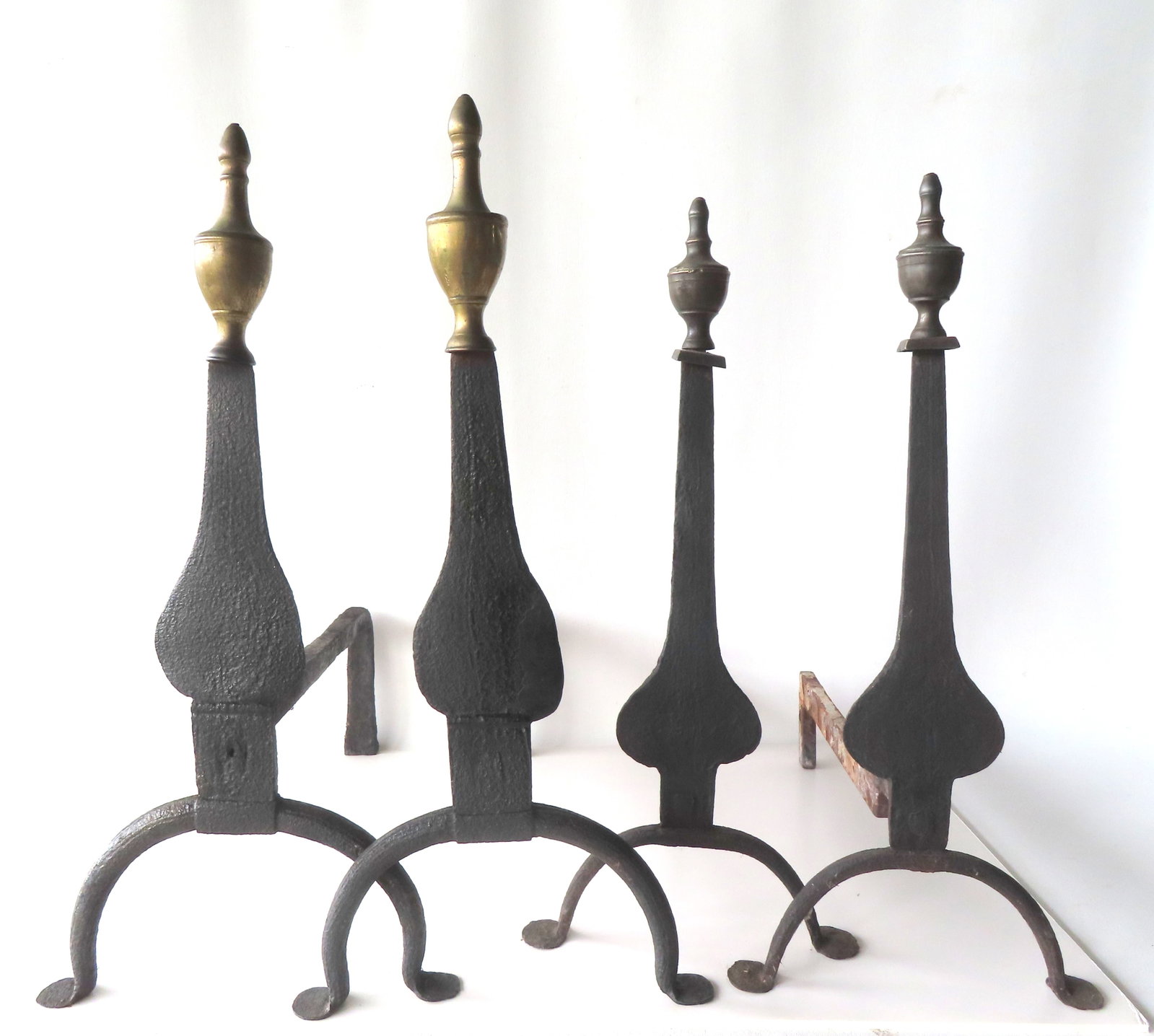 Two pair of hand forged Queen Ann andirons with urn shaped finials and penny feet, late 18th (1 of 19)