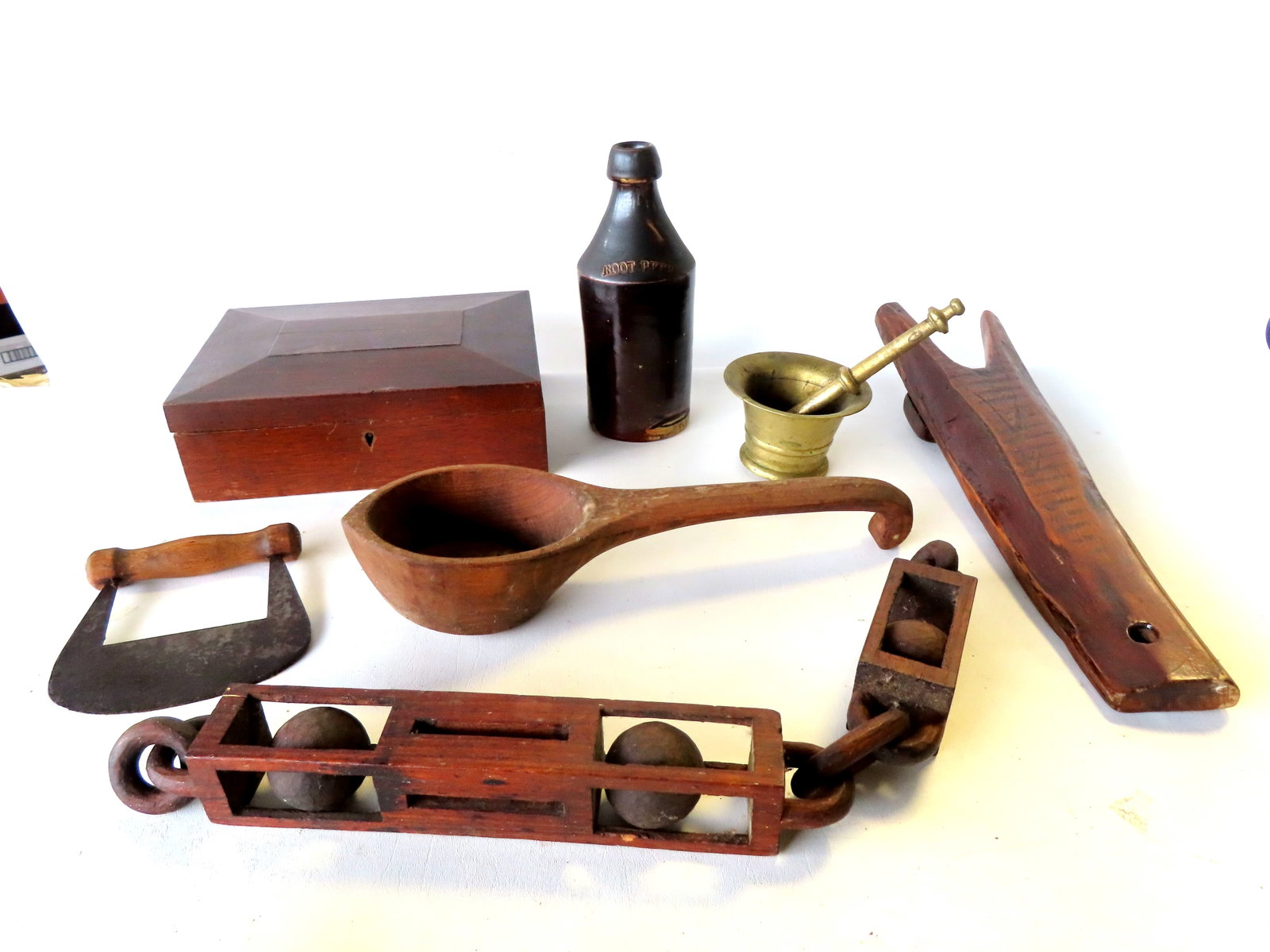 Grouping of 6 good country items including: A school girl's vanity or writing box with shaped lid (1 of 14)