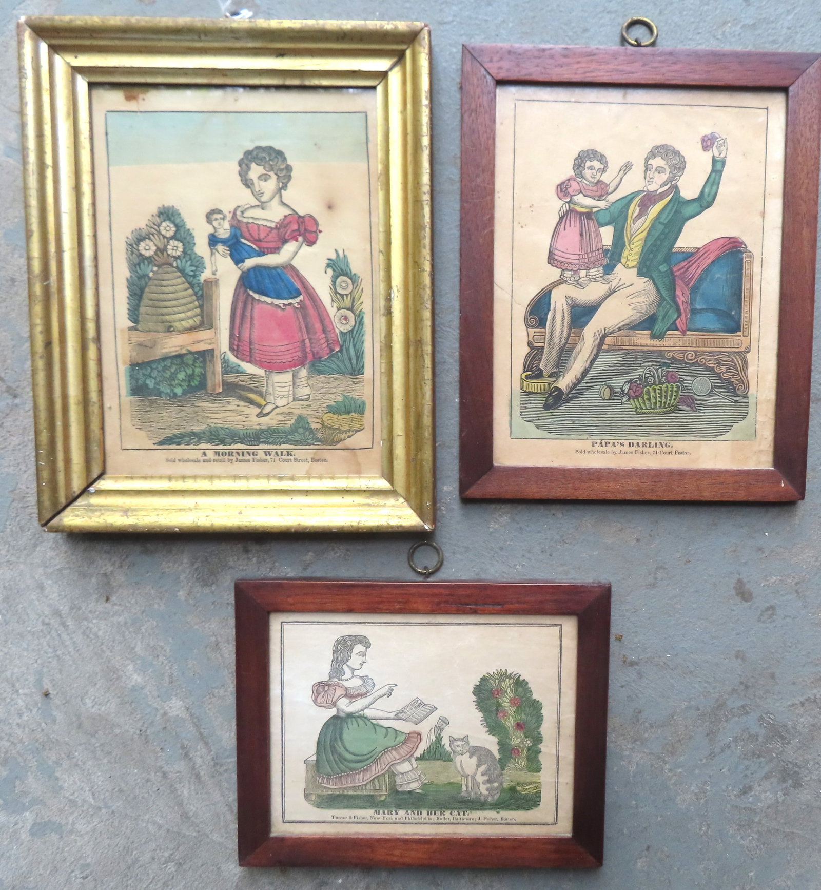 Three 19th century hand colored prints by James Fisher, Boston Massachusetts. The first titled "A (1 of 5)