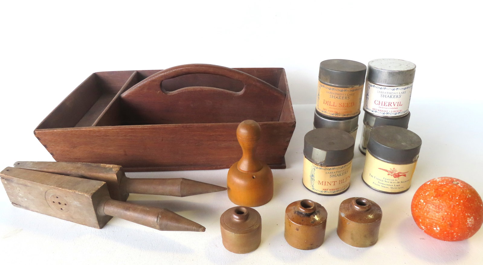 Grouping of country items including: A black walnut cutlery box with 3 interior compartments, (1 of 7)