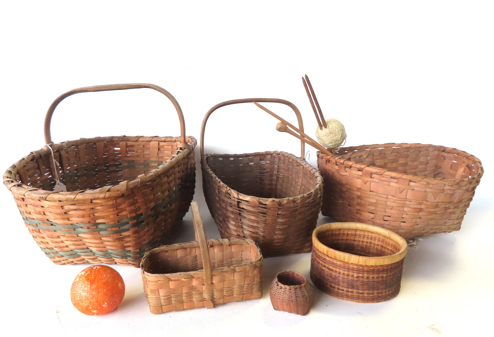 Grouping of 6 early splint baskets, including partitioned sewing basket, all late 19th to early 20th (1 of 15)