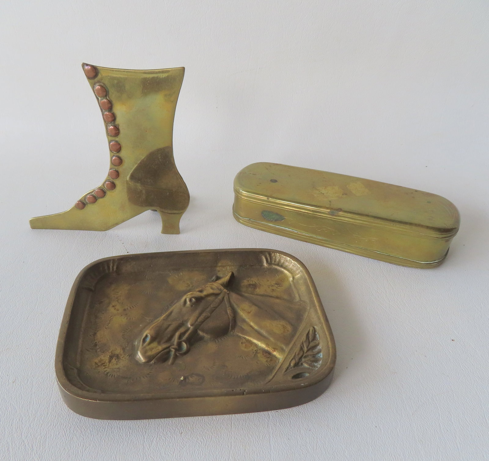 Three brass/bronze collectibles including: An 18th century engraved Dutch tobacco box - 6 3/8"L - (1 of 11)