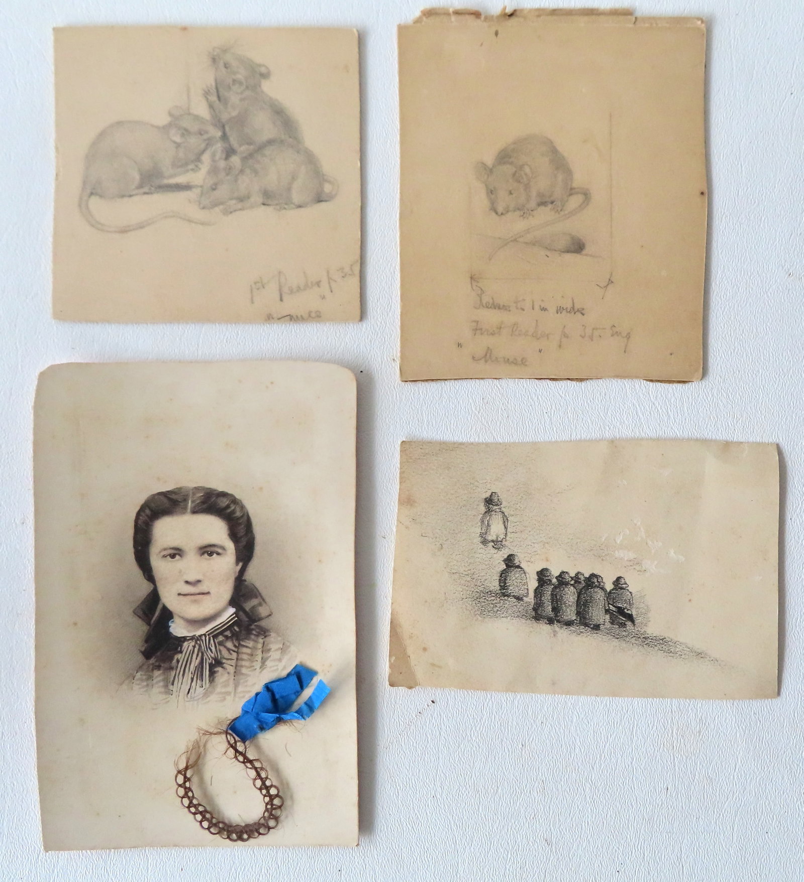 Grouping of 4 miniature unframed graphite artworks including 2 of mice, one of walking figures, and (1 of 4)