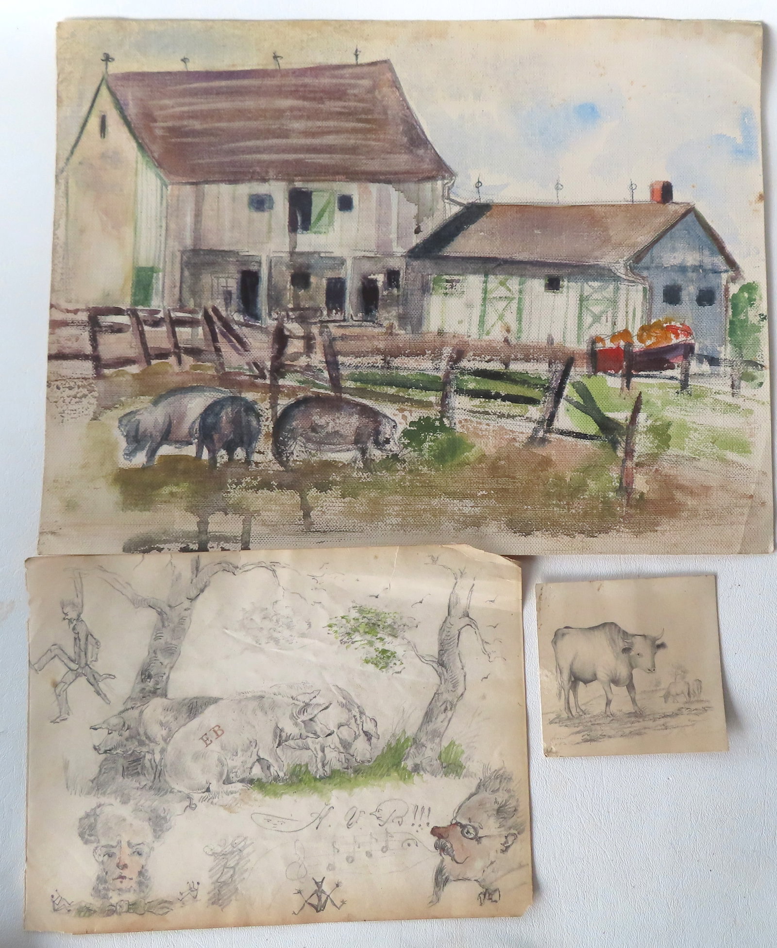 Three pieces of unframed farm related artwork including: Miniature graphite portrait of a young: Three pieces of unframed farm related artwork including: Miniature graphite portrait of a young bull, signed illegibly, 19th century; mixed media drawing of pigs and other figures including hanged man