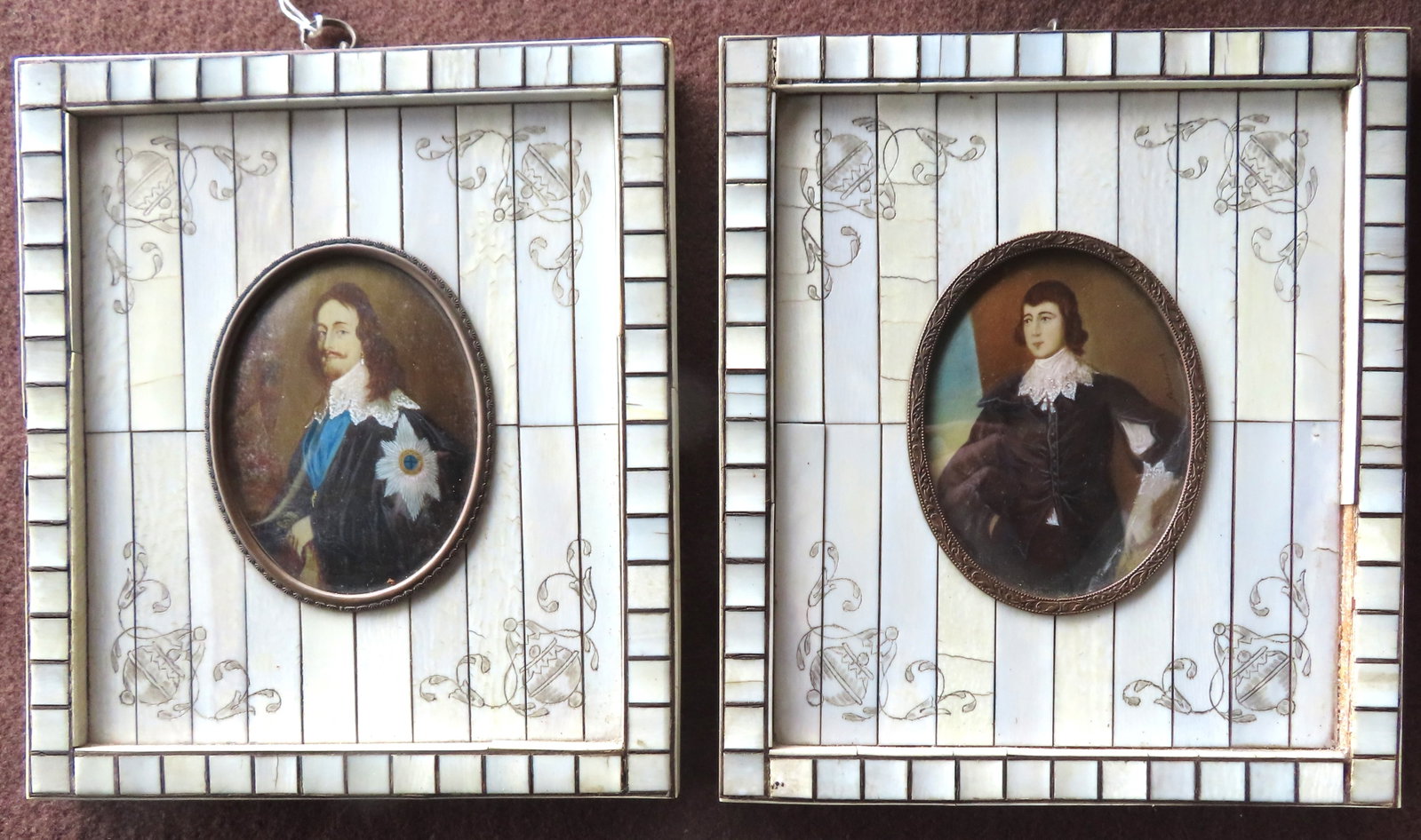 Two miniature hand painted oil portraits of royalty gentlemen, both housed in ornate mother of pearl (1 of 5)