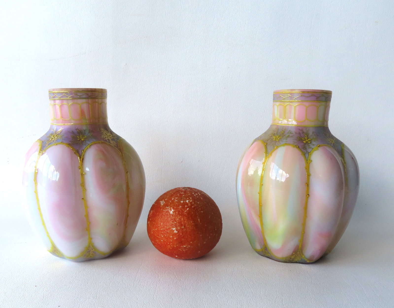 A beautiful pair of enameled Opal Marmoriertes vases, with melon type bodies, each hand blown with (1 of 6)