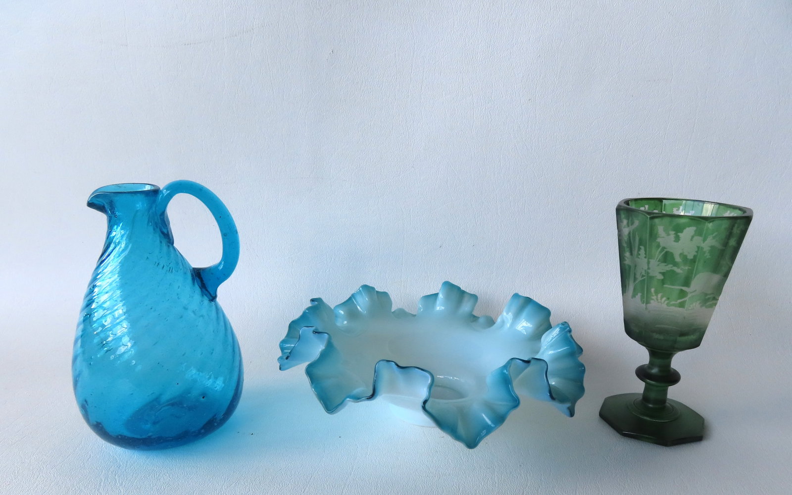 Three pieces of 19th century glass including: Art glass candy dish with ruffled edge, hand blown - (1 of 6)