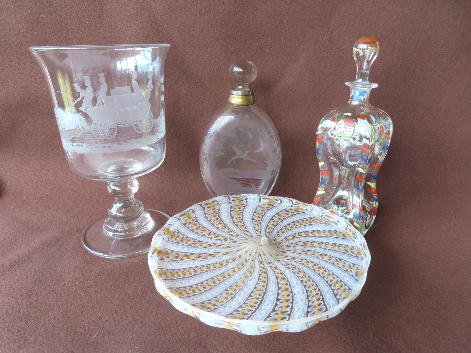 Grouping of 4 decorative glass objects: The first, a very fine hand blown urn shaped colorless (1 of 19)