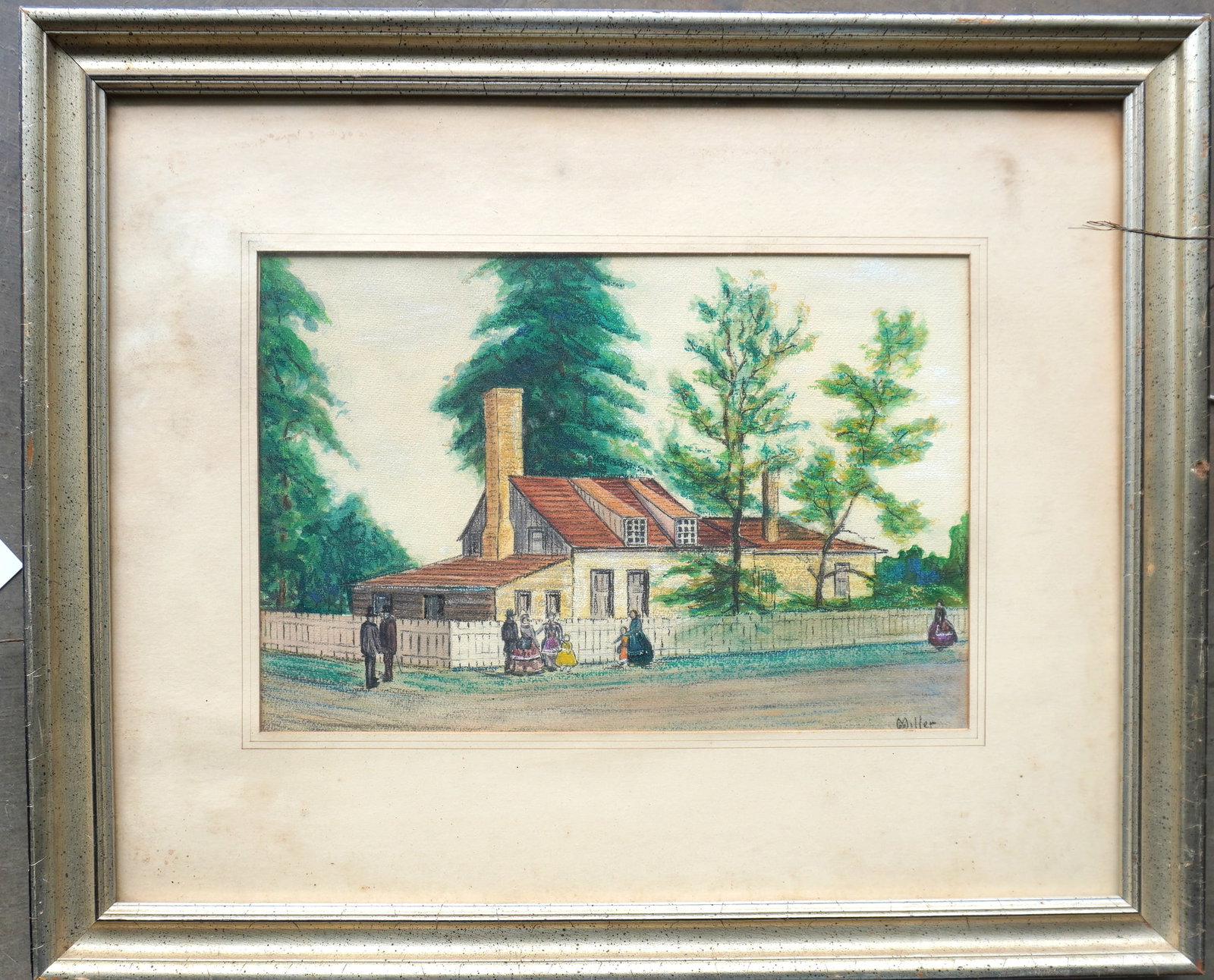 W/C Primitive genre scene with family and friends near farmhouse with fenced in yard, signed R.R.: W/C Primitive genre scene with family and friends near farmhouse with fenced in yard, signed R.R. Miller, probably late 19th century in good condition. Professionally framed and matted in newer 20th