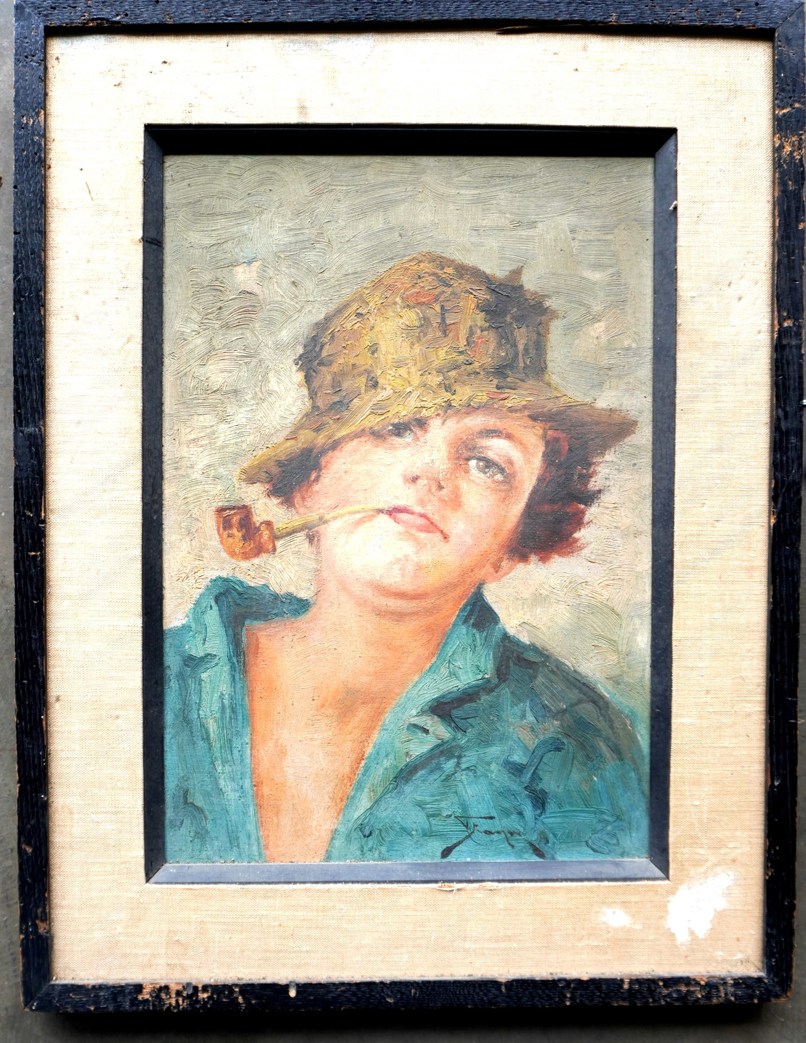 Impasto O/B Portrait of young boy wearing straw hat and smoking pipe, signed illegibly, probably (1 of 4)