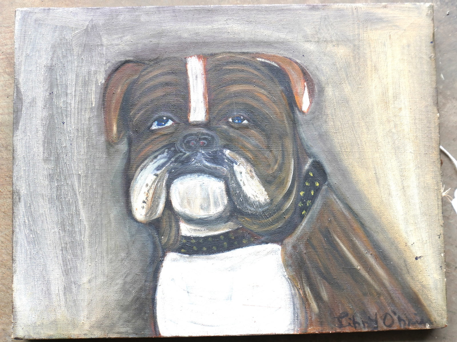 O/C Folkart portrait of a Bulldog, probably by school girl/boy, very good condition, circa 1950. Not (1 of 3)
