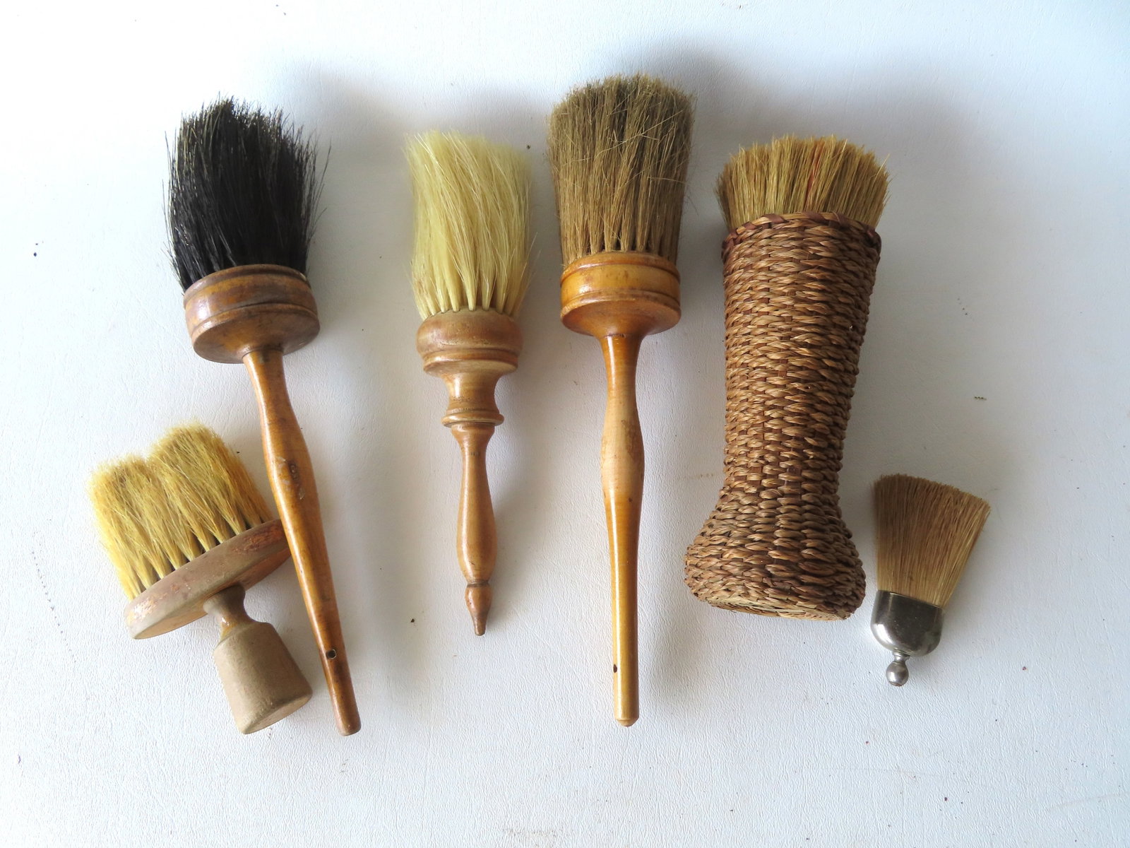 Grouping of 6 early brushes including 3 Shaker. Also includes an unusual brush holder having woven (1 of 3)