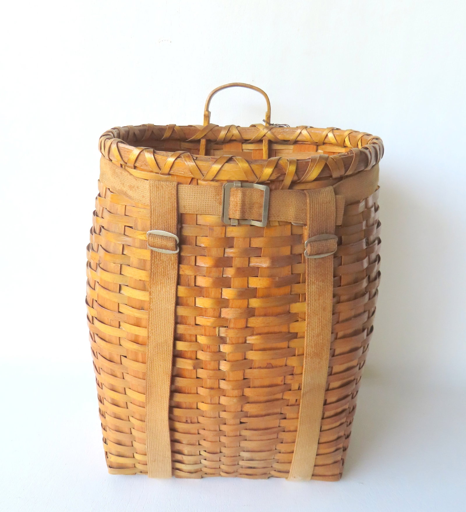 A woven splint Adirondack backback with original canvas harness, chris-crossed woven splint rim and (1 of 7)