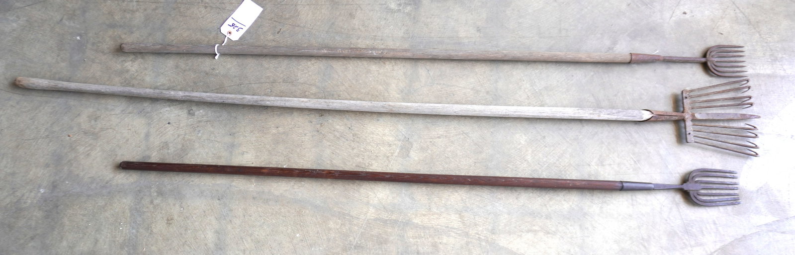 Three eel spears, 2 appear to be hand forged early to mid 19th century - the largest circa 1950 with (1 of 2)