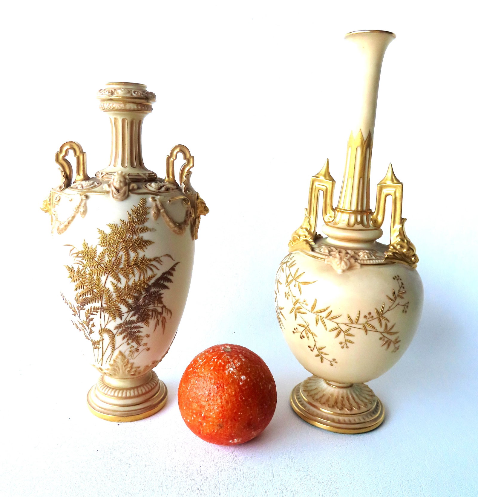 Two very fine signed Royal Worcester vases, both with raised gold leaf decorations, one with ferns - (1 of 15)