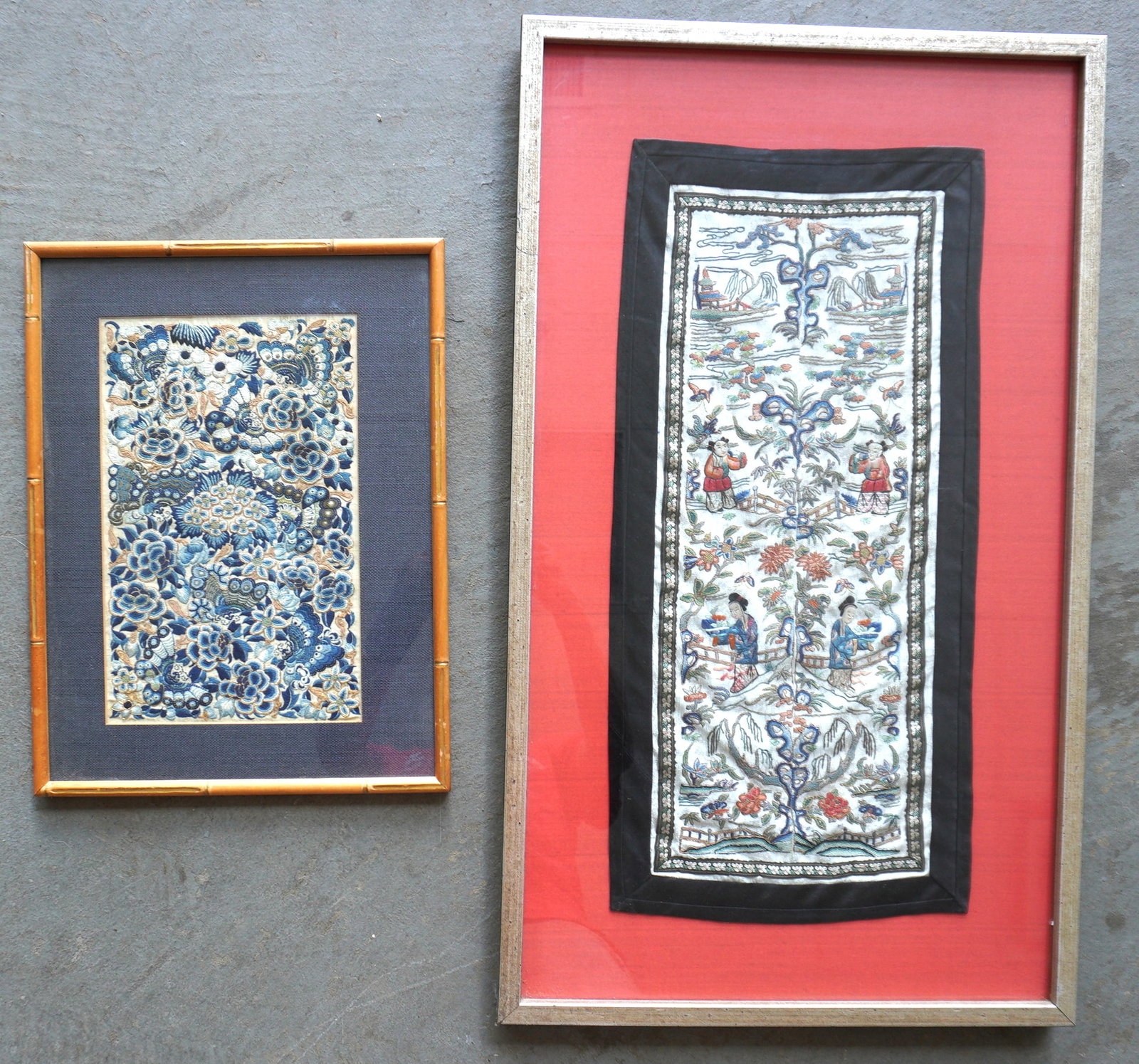 Two framed oriental silk embroideries, late 19th to early 20th century. The smaller, sight size 12: Two framed oriental silk embroideries, late 19th to early 20th century. The smaller, sight size 12 3/4" x 8", depicting flowers and butterflies; and the larger, sight size 24 1/4" x 11 1/4", depicting