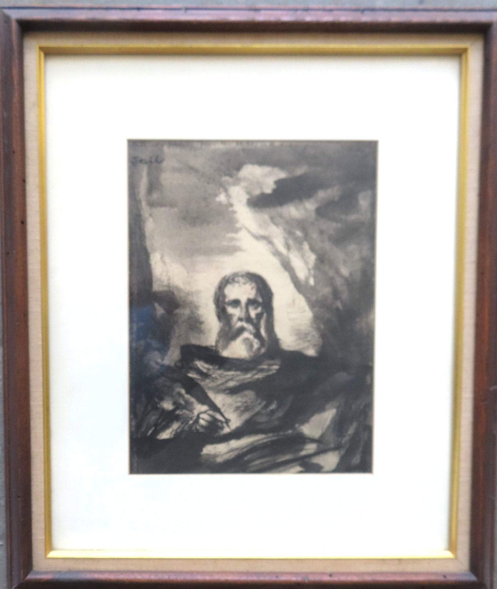 Pen/ink & W/C portrait of a bearded cleric holding a quill and book. Inscribed to "David & Joann: Pen/ink & W/C portrait of a bearded cleric holding a quill and book. Inscribed to "David & Joann from the Stahls with best wishes / Stahl" (Ben Stahl, Fla. - Ct. - Ill. - Mex. 1910-1987). Total frame 
