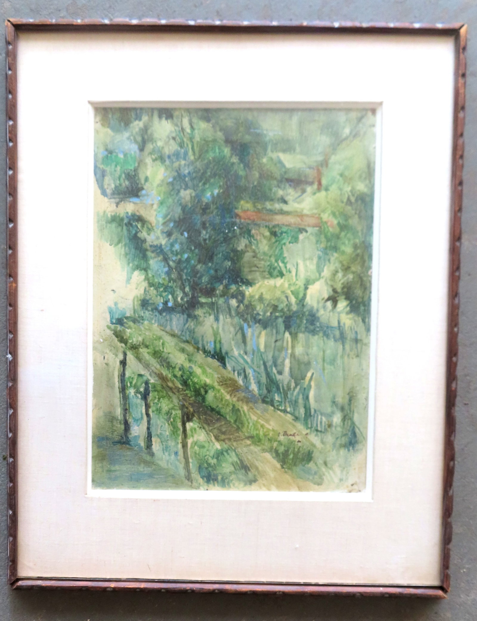 S. Burke, American, 20th century. Oil on paper, Modernistic landscape.: Oil on paper Modernistic landscape, interpreted as a house in background by pond leading to waterfall, road and vegetation in foreground, signed S. Burke and titled on reverse "Country Side", early to