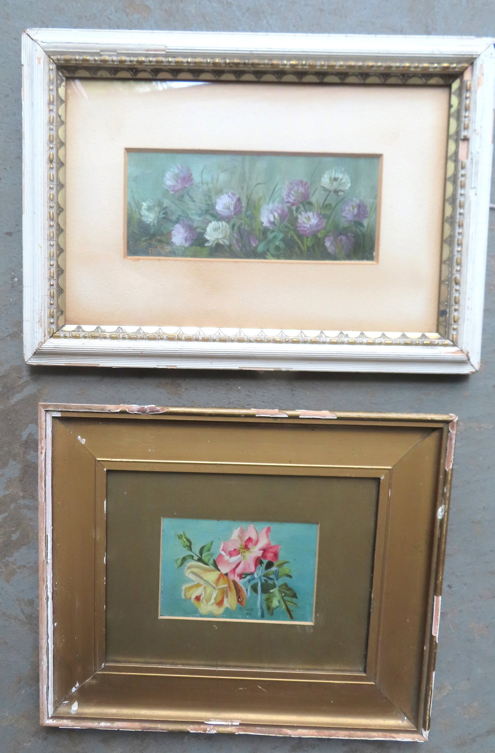 Two floral oil paintings, dated 1892 and 1911.: Two floral oil paintings on board, dated 1892 and 1911, housed in original frames - both frames with some wear, but the artwork is in very good original condition. The largest is signed illegibly and 