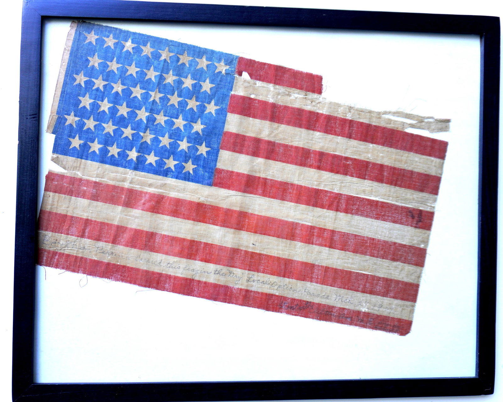 An American 45 star prohibition parade flag. It is pencil signed along the bottom white stripe that (1 of 6)