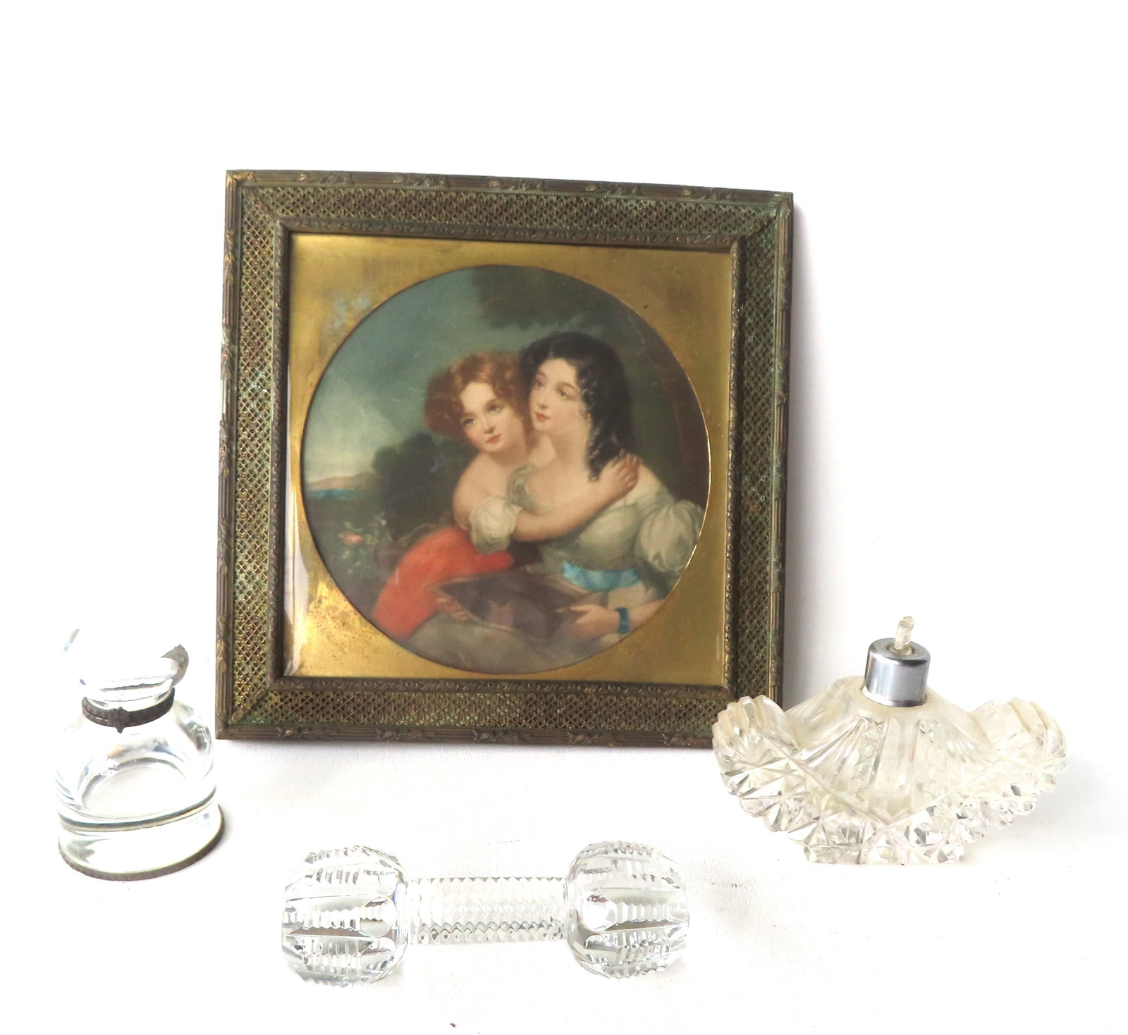 Grouping of 4 decorative accessories including: Dresser bottle with applied silver collar at neck (1 of 8)