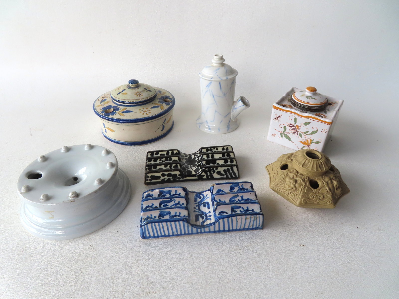 Grouping of 7 continental inkwells and other early porcelain objects including English ironstone (1 of 12)