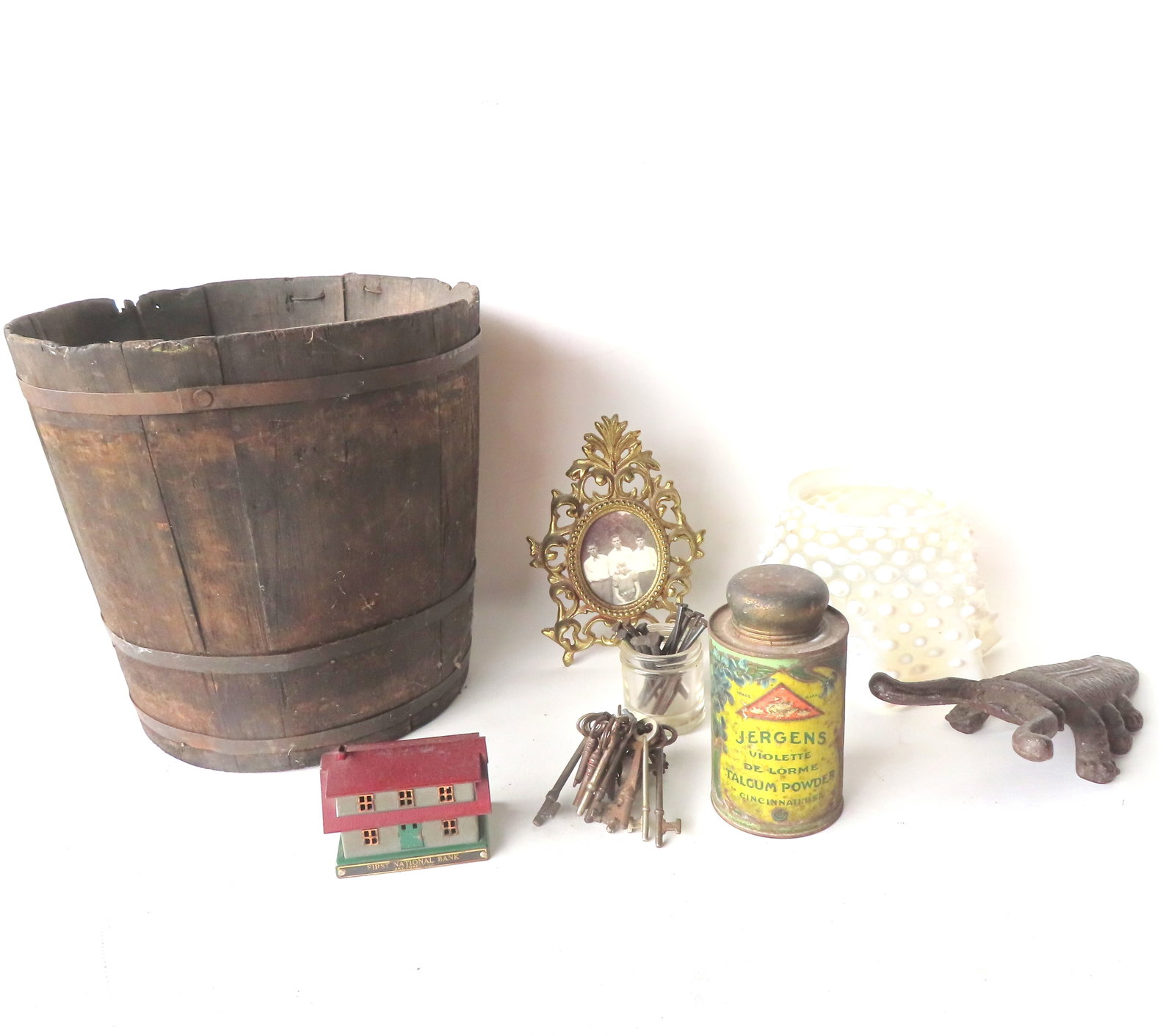 Grouping of country and decorative collectibles including: Primitive sap bucket with wear - 11 1/2"H (1 of 8)