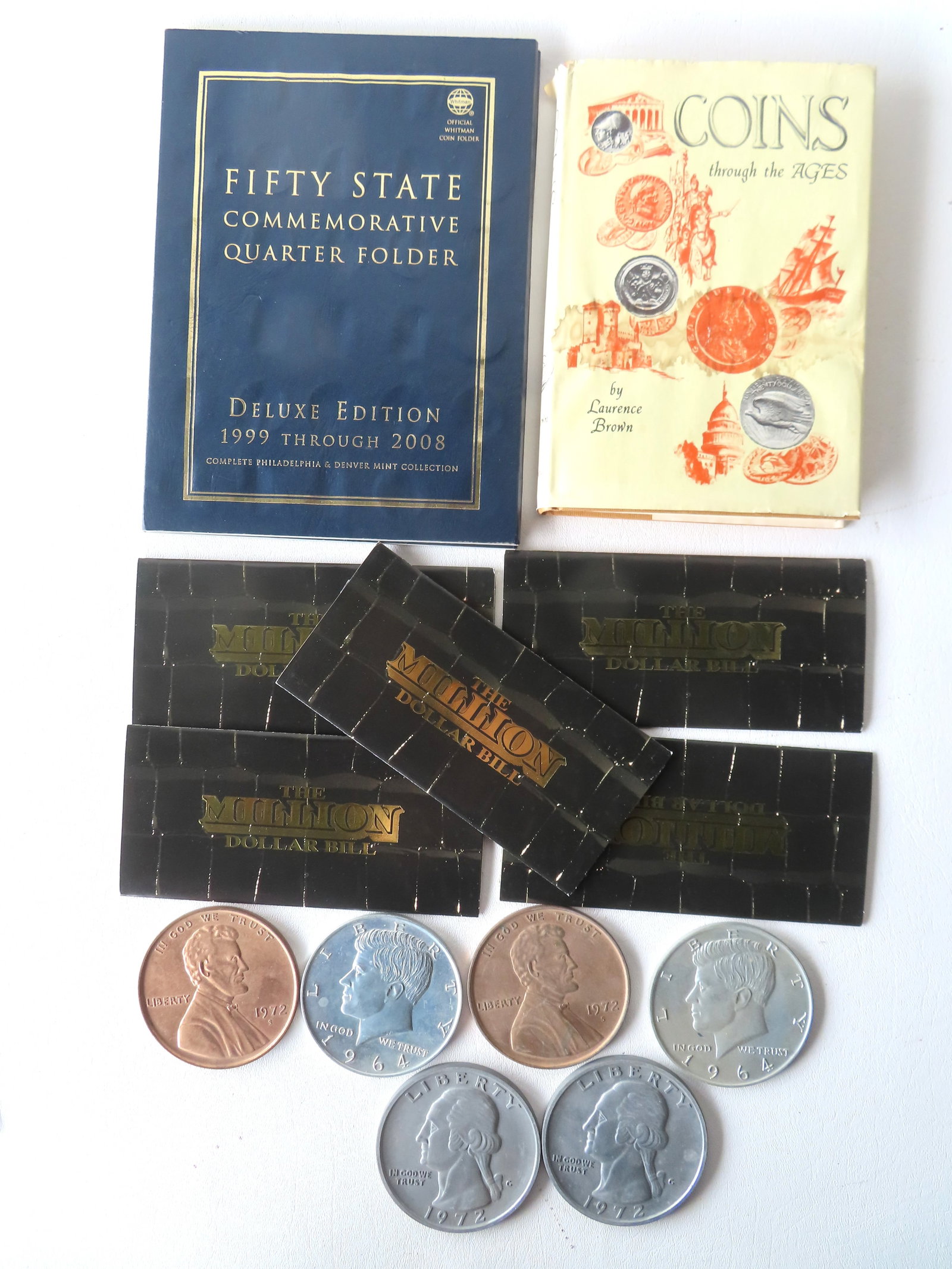 Grouping of coin related collectibles, including: Six jumbo novelty coins 1972 & 1964 - 3" diameter, (1 of 9)