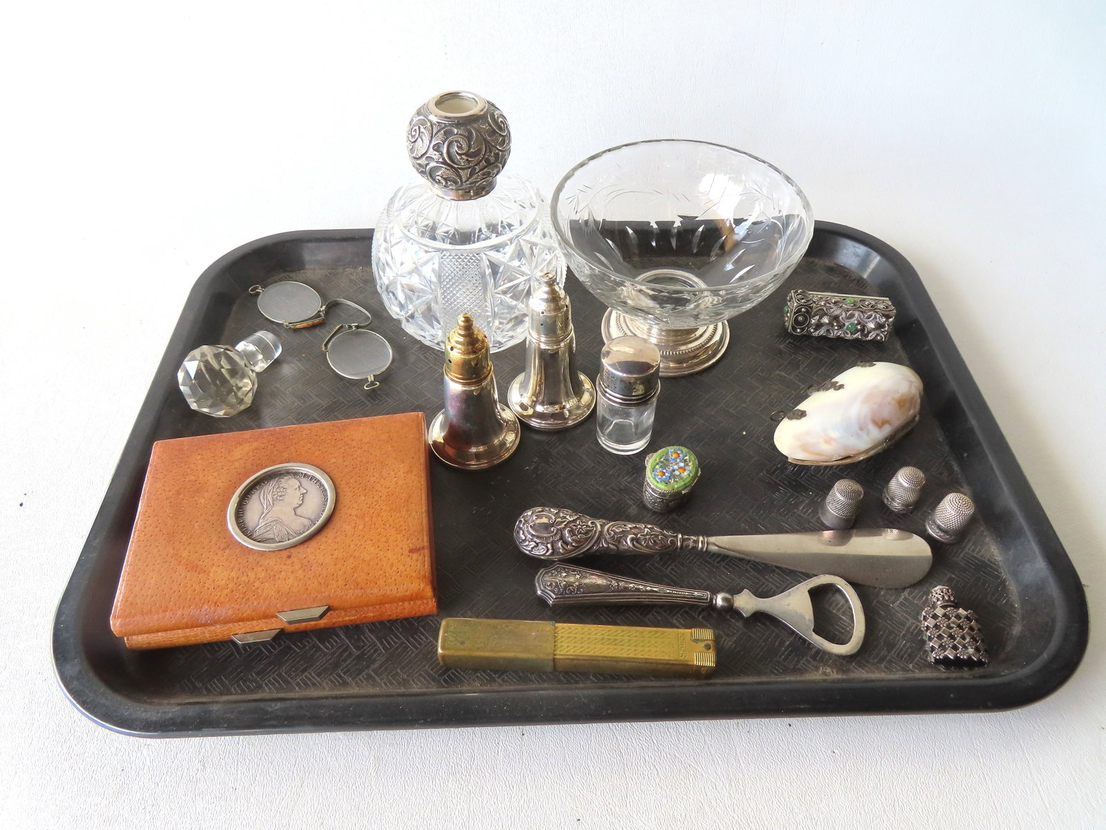 A grouping of very fine decorative objects including: Cut glass dresser jar with fancy sterling lid (1 of 10)