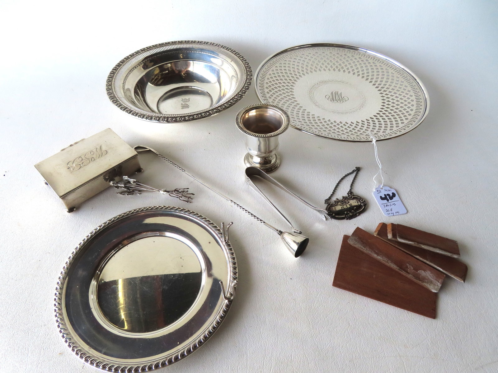Grouping of sterling silver collectibles including a cigarette box (the wooden lining removed for (1 of 4)